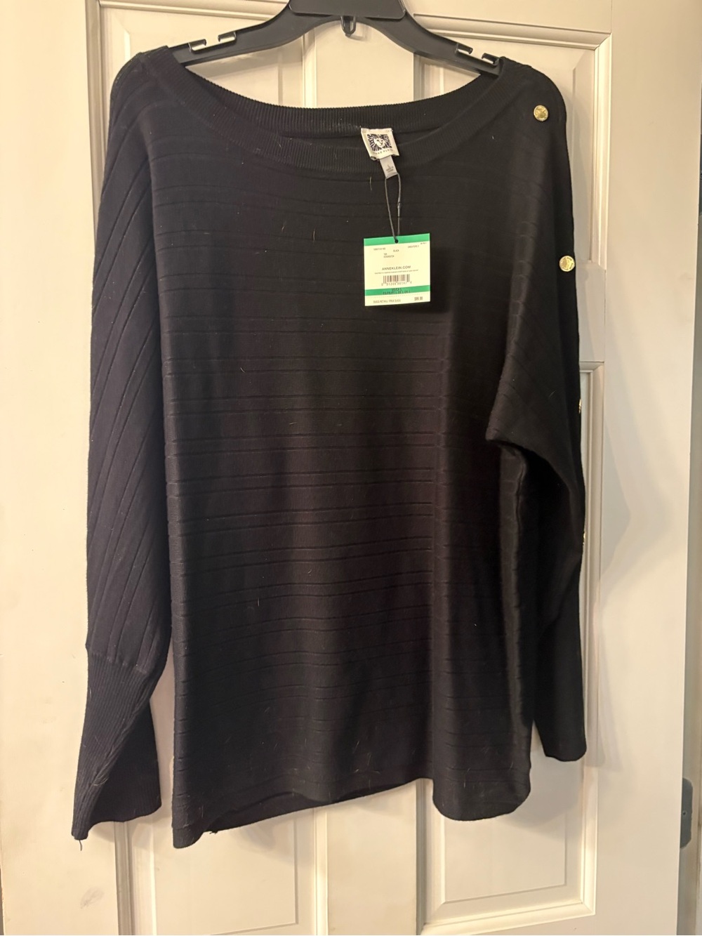 Anne Klein Black Ribbed Knit Long-Sleeve Shirt with Shoulder Buttons